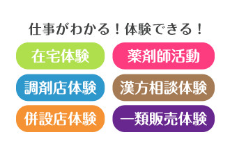 仕事がわかる！体験できる！ 在宅体験 薬剤師活動 調剤店体験 漢方相談体験 併設店体験 一類販売体験