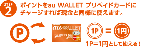 STEP2 ポイントをau WALLET プリペイドカードにチャージすれば現金と同様に使えます。